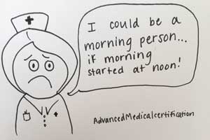 Cartoon of a tired nurse saying,