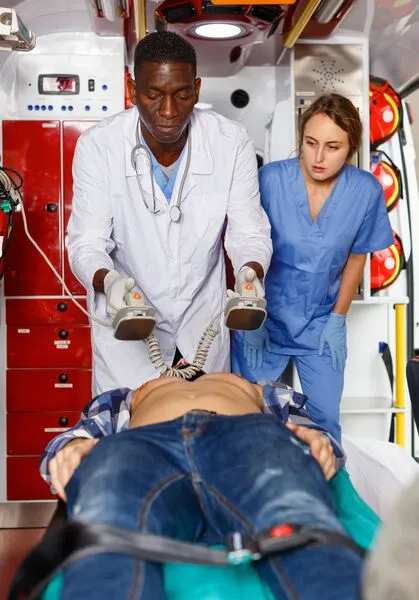 A paramedic and doctor prepare to use a defibrillator on a patient.
