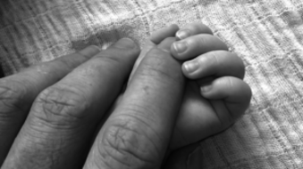 parent holding newborns hand
